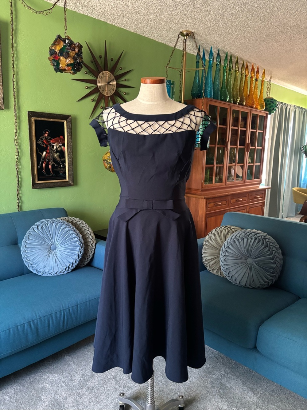 Tatyana Navy Blue Fit-and-Flare Dress with Mesh Yoke